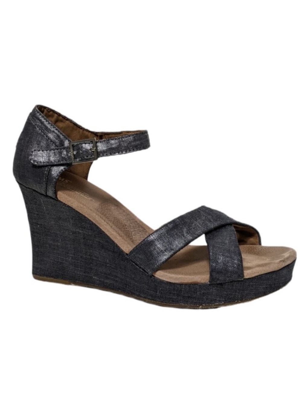 TOMS Metallic Denim Strappy Wedge Heels 12